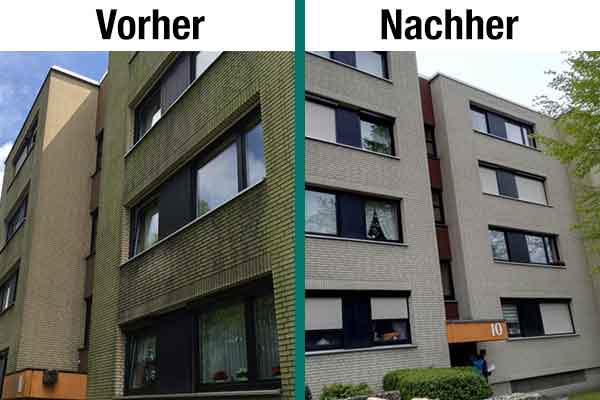 Die Fassade eines Wohnblockes in Hannover: Links mit Moos- und Algenbewuchs, Rechts erstrahlt der Klinker wieder in seiner ursprünglichen Farbe: weiß