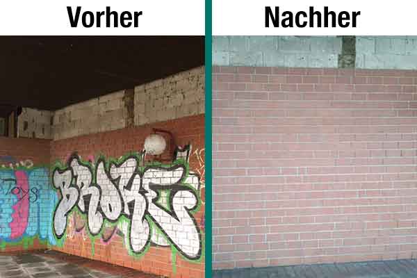 Links eine mit hässlichem Graffiti besprühte Klinkerwand, rechts die gleiche Wand, nachdem unser "Getifix-Graffiti-Entfernungstrupp" das Graffiti entfernt hat. Was für ein tolles Ergebnis.