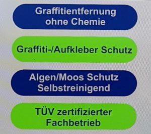 Worin wir stark sind: Graffitientfernung ohne Chemie, Graffiti-/Aufkleber Schutz, Algen/Moos Schutz Selbstreinigend, TÜV zertifizierter Fachbetrieb